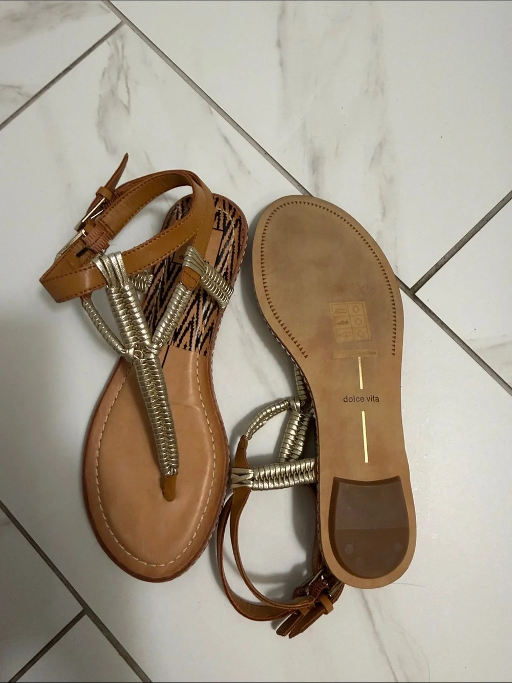 Dolce Vita Braided Metallic T-Strap Brown Sandals - Women's Casual Summer Shoe
